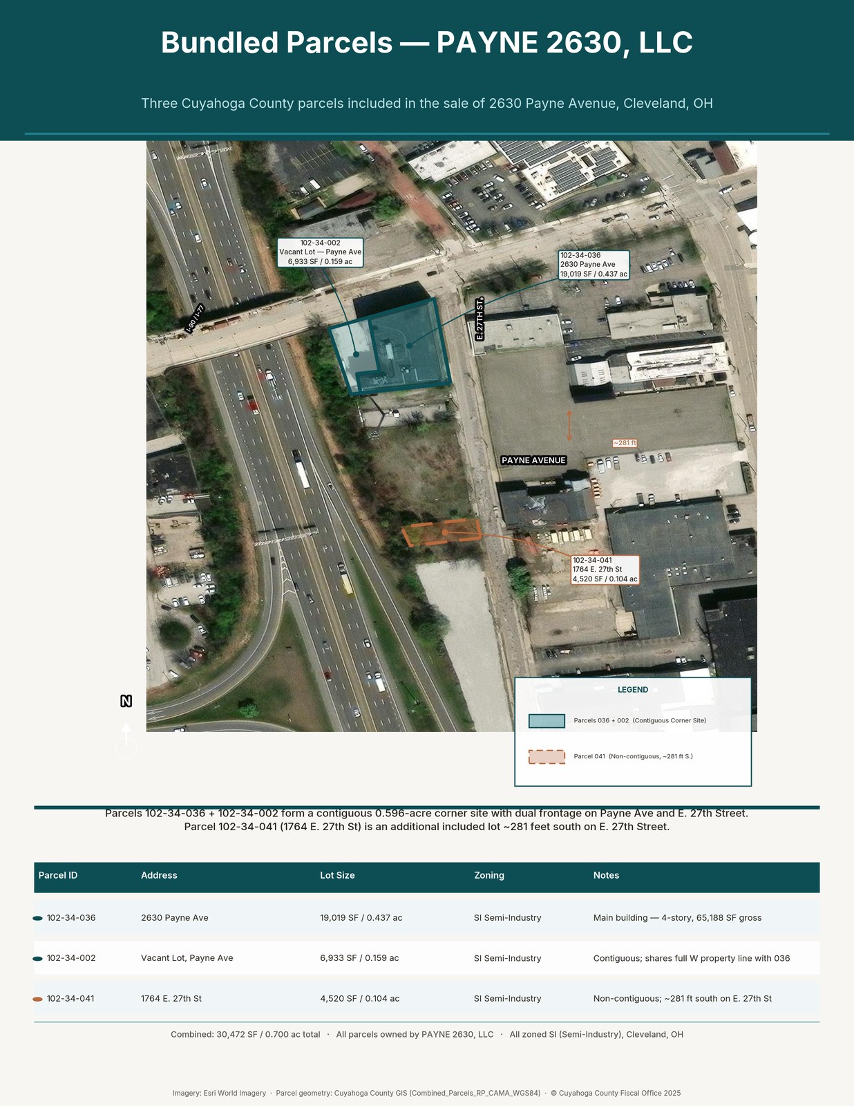 Aerial parcel map showing the three PAYNE 2630, LLC parcels in Cleveland — 102-34-036 (main building), 102-34-002 (contiguous vacant lot), and 102-34-041 (E. 27th St lot).